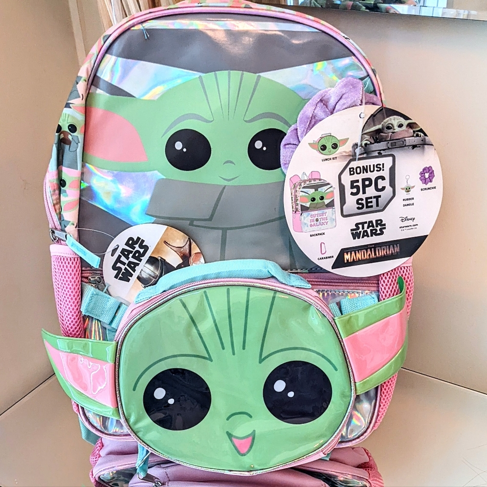 LAST 5pc Star Wars Mandalorian Baby Yoda Grogu Backpack Lunch Tote Scrunchie Set